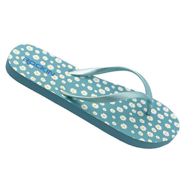 Daisy-print women’s flip flops with soft soles, perfect for sunny weather and casual wear