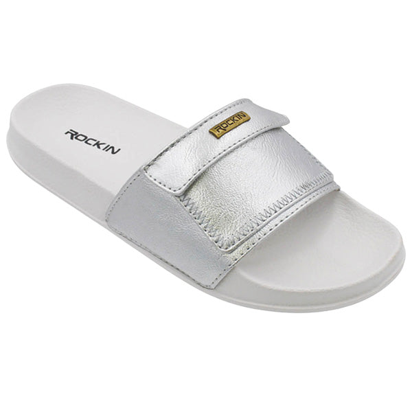 Ladies casual slides with hidden pocket and cushioned footbed for comfort and convenience