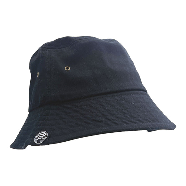 Youth black bucket hat with wide brim, breathable fabric, chin strap, and UV sun protection