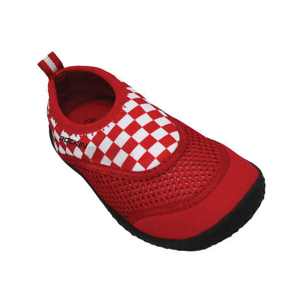 Aqua Checker Toddlers Aqua Socks, stylish checkerboard design with slip-resistant sole for water play.