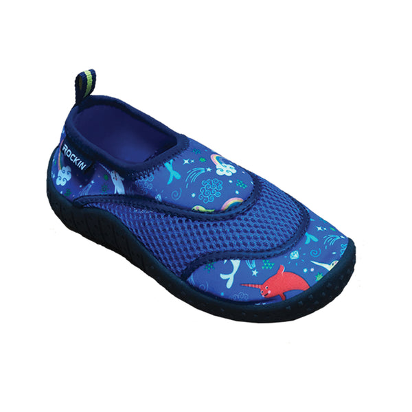 Aqua Narwhal Toddlers Aqua Socks, playful narwhal design with slip-resistant sole for water fun.