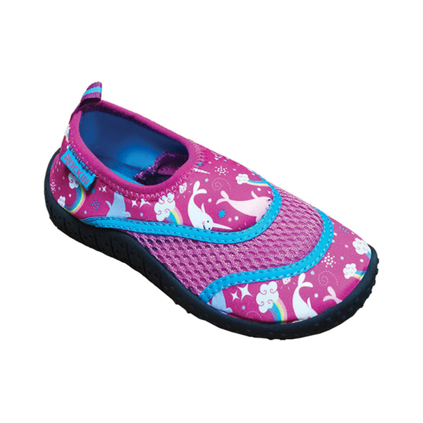 Aqua Narwhal Toddlers Aqua Socks, playful narwhal design with slip-resistant sole for water fun.