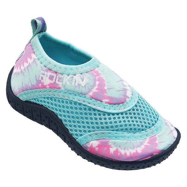 Aqua Tie Dye Toddlers Aqua Socks with vibrant design and non-slip grip for water play.