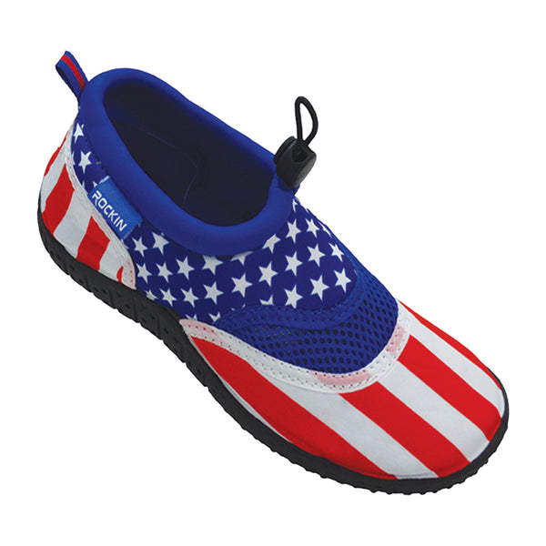 Aqua USA Kids Aqua Socks with non-slip soles and a patriotic red, white, and blue design.