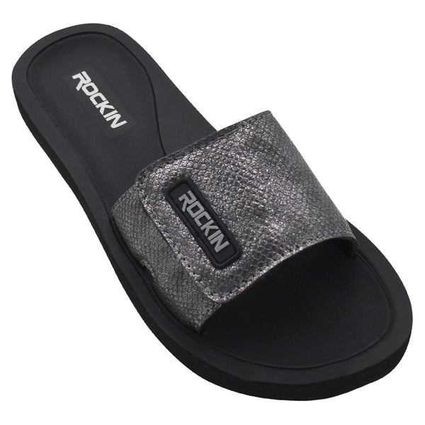 Comfortable and stylish snake skin strap slides for women, ideal for beach days and casual outings