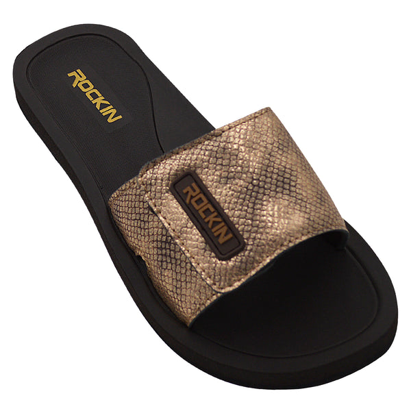 Comfortable and stylish snake skin strap slides for women, ideal for beach days and casual outings