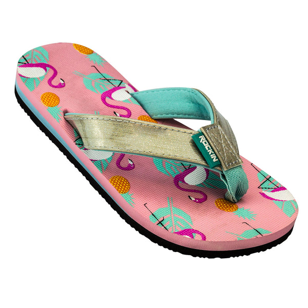 Flamingos kids flip flops with cushioned comfort and tropical design for sunny outdoor fun