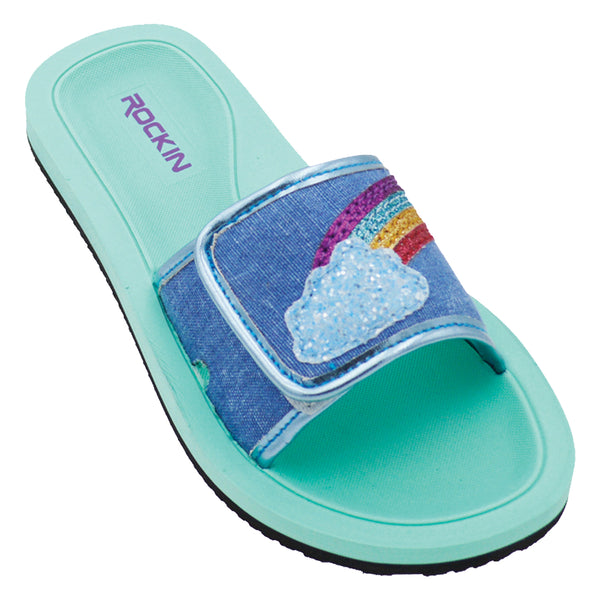 Kids Rainbow Cloud Slides with soft comfort, durable outsole, and fun colorful summer style.