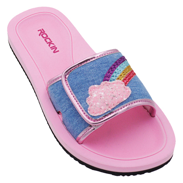 Kids Rainbow Cloud Slides with soft comfort, durable outsole, and fun colorful summer style.