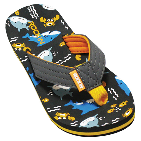 Kids Smiley Sharks Flip Flops with comfy support, playful shark design, and durable summer traction.