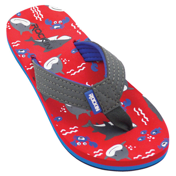 Kids Smiley Sharks Flip Flops with comfy support, playful shark design, and durable summer traction.