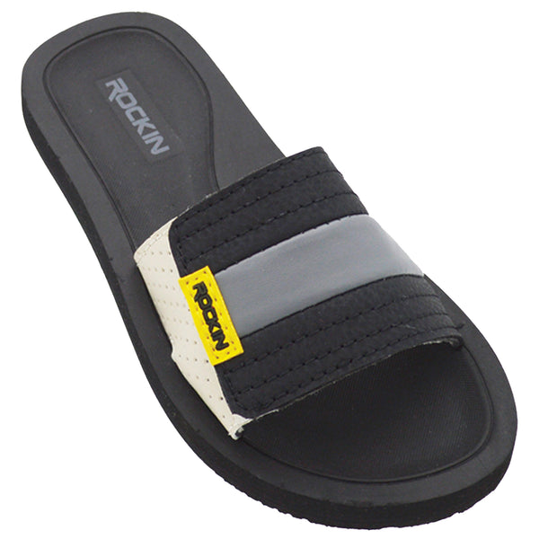 Kids Stripe Slides with cushioned footbed, lightweight design, and bold colorful summer style.