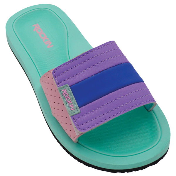 Kids Stripe Slides with cushioned footbed, lightweight design, and bold colorful summer style.