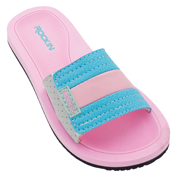 Kids Stripe Slides with cushioned footbed, lightweight design, and bold colorful summer style.