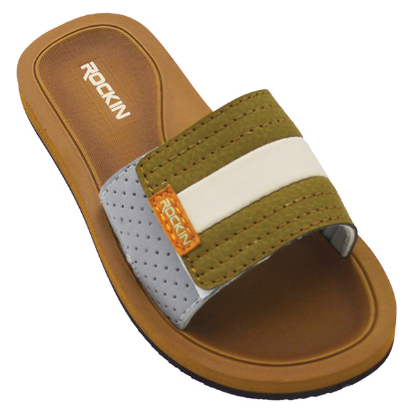 Kids Stripe Slides with cushioned footbed, lightweight design, and bold colorful summer style.