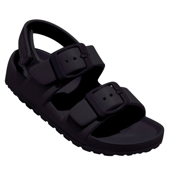 Kids and toddlers Huntington Buckle Slides with adjustable strap and cushioned footbed.
