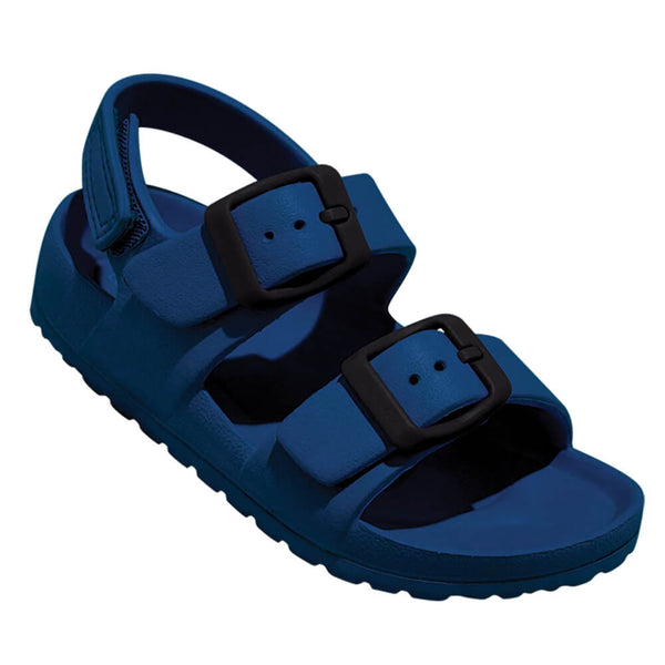 Kids and toddlers Huntington Buckle Slides with adjustable strap and cushioned footbed.