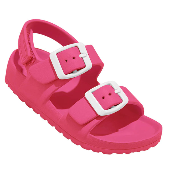 Kids and toddlers Huntington Buckle Slides with adjustable strap and cushioned footbed.