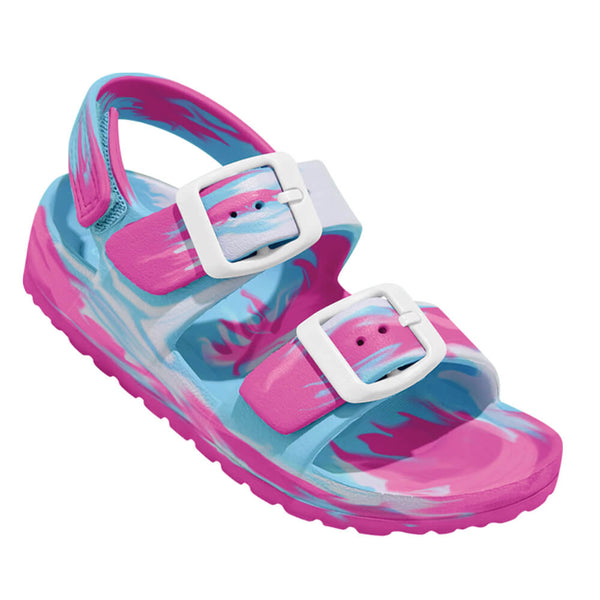Kids and toddlers Huntington Buckle Slides with adjustable strap and cushioned footbed.