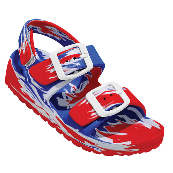 Kids and toddlers Huntington Buckle Slides with adjustable strap and cushioned footbed.