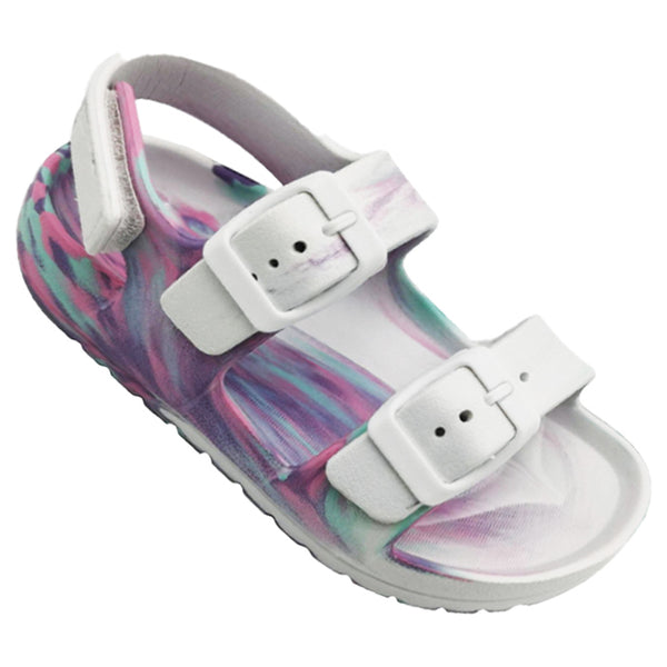 Kids and toddlers Huntington Buckle Slides with adjustable strap and cushioned footbed.