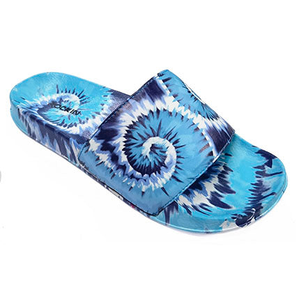 Kids and toddlers Twisted Tie Dye Slides with adjustable strap and cushioned footbed.