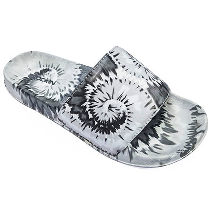 Kids and toddlers Twisted Tie Dye Slides with adjustable strap and cushioned footbed.