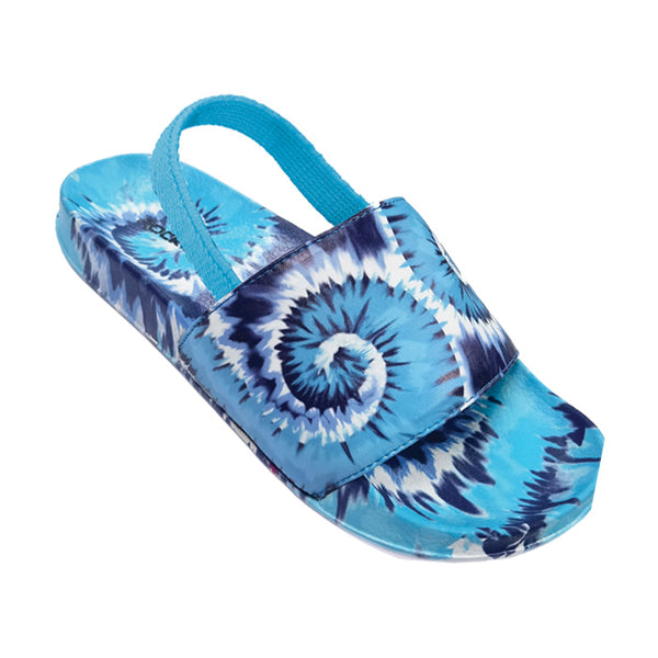 Kids and toddlers Twisted Tie Dye Slides with adjustable strap and cushioned footbed.