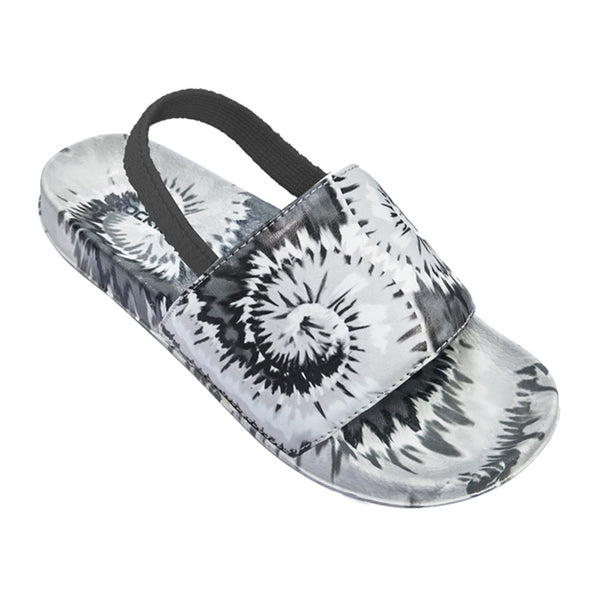 Kids and toddlers Twisted Tie Dye Slides with adjustable strap and cushioned footbed.
