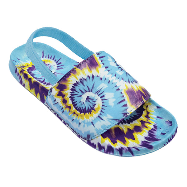 Kids and toddlers Twisted Tie Dye Slides with adjustable strap and cushioned footbed.
