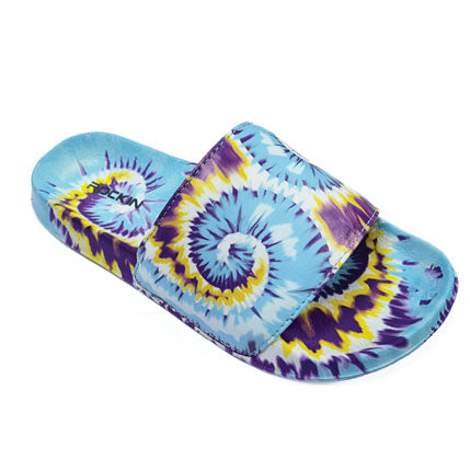 Kids and toddlers Twisted Tie Dye Slides with adjustable strap and cushioned footbed.