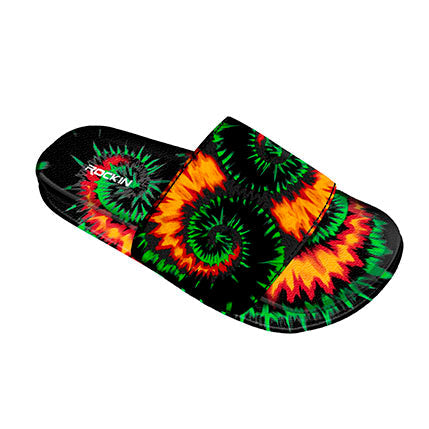 Kids and toddlers Twisted Tie Dye Slides with adjustable strap and cushioned footbed.
