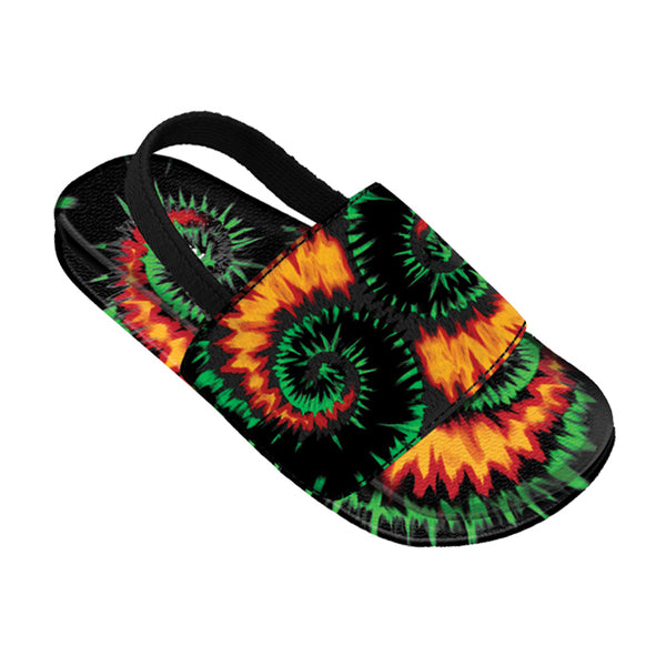 Kids and toddlers Twisted Tie Dye Slides with adjustable strap and cushioned footbed.