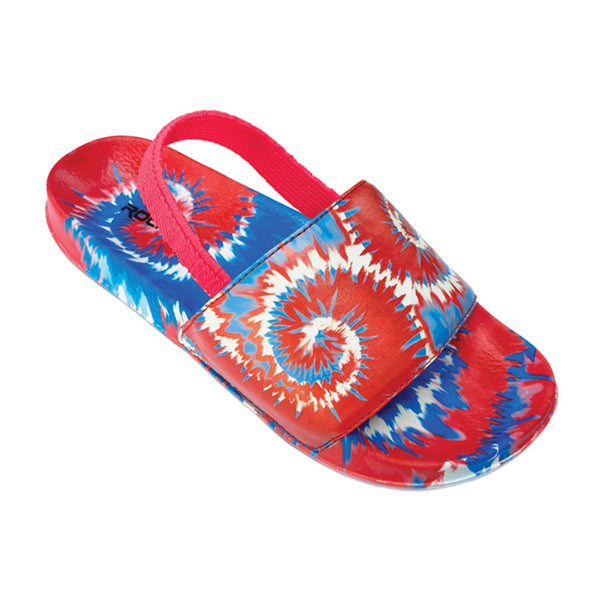 Kids and toddlers Twisted Tie Dye Slides with adjustable strap and cushioned footbed.