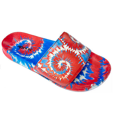 Kids and toddlers Twisted Tie Dye Slides with adjustable strap and cushioned footbed.