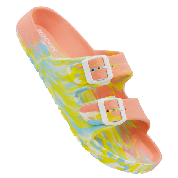 Unisex Marbled Huntington Buckle Slides with adjustable fit and lightweight comfort.