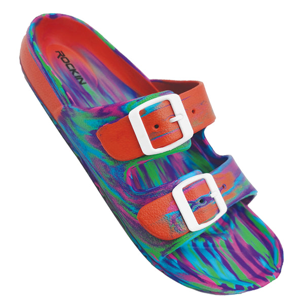 Unisex Marbled Huntington Buckle Slides with adjustable fit and lightweight comfort.