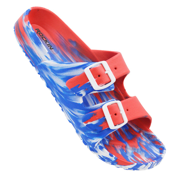 Unisex Marbled Huntington Buckle Slides with adjustable fit and lightweight comfort.