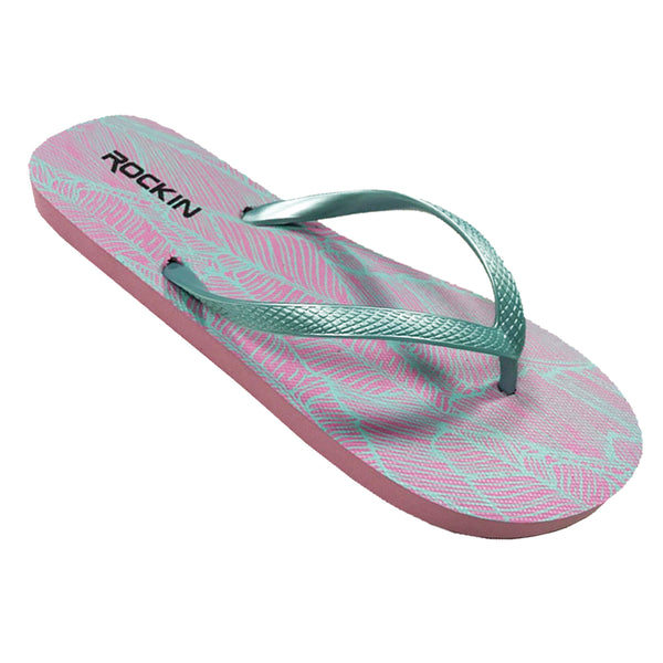 Women’s Banana Leaves flip flops with tropical print and slip-resistant rubber sole for summer fun.