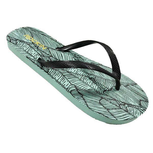 Women’s Banana Leaves flip flops with tropical print and slip-resistant rubber sole for summer fun.