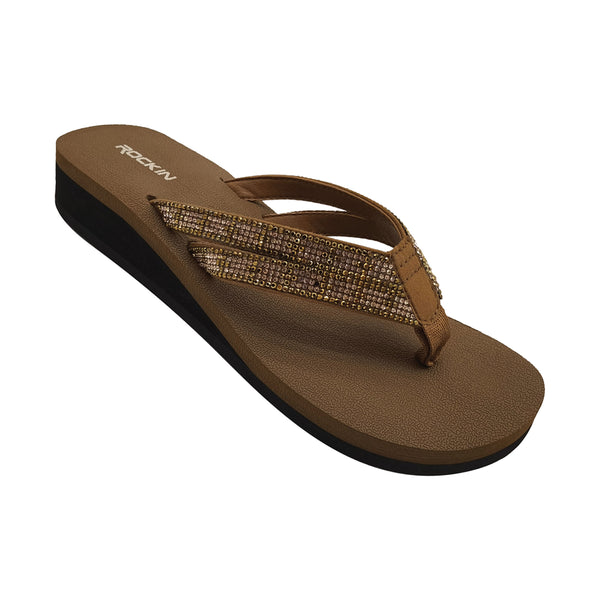 Women's double strap metallic wedge with cushioned footbed and elevated design.