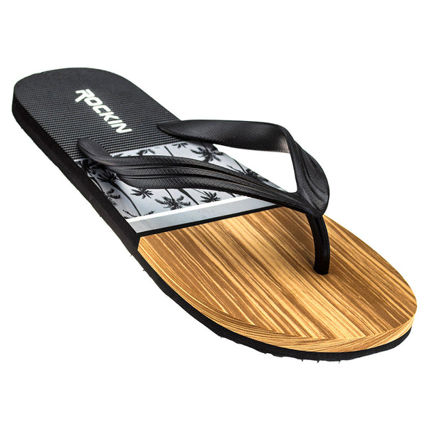 Wood Palms Men's Flip Flops with cushioned footbed and rustic wood-pattern design for comfort